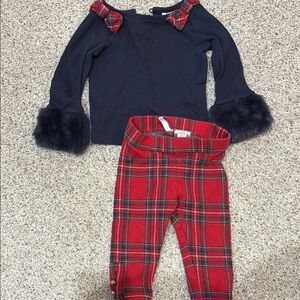 Janie and Jack Navy Top with Red Plaid Bow & Pants Set